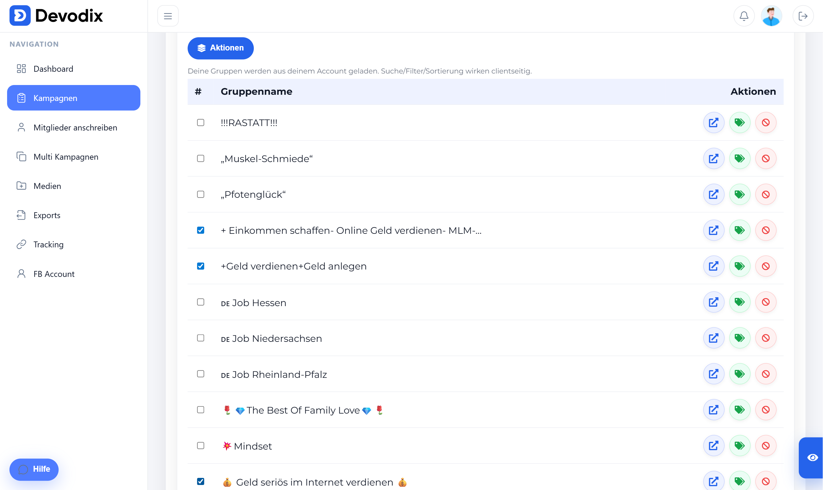 Devodix – Gruppen auswählen (Screenshot)